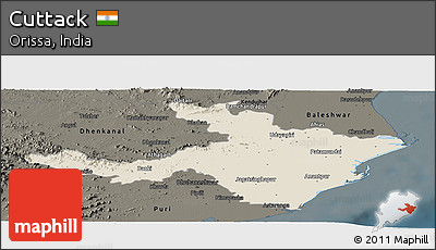 Shaded Relief Panoramic Map of Cuttack, darken