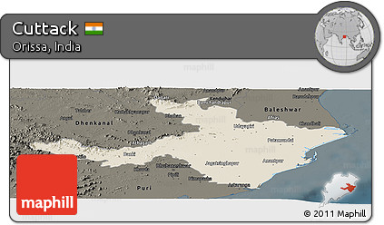 Shaded Relief Panoramic Map of Cuttack, darken
