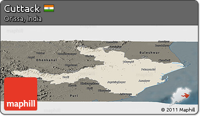 Shaded Relief Panoramic Map of Cuttack, darken