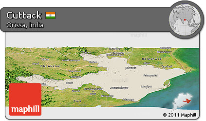 Shaded Relief Panoramic Map of Cuttack, satellite outside