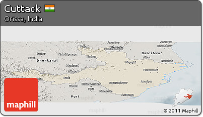 Shaded Relief Panoramic Map of Cuttack, semi-desaturated