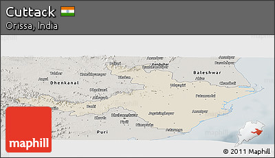 Shaded Relief Panoramic Map of Cuttack, semi-desaturated