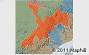 Political 3D Map of Koraput, semi-desaturated