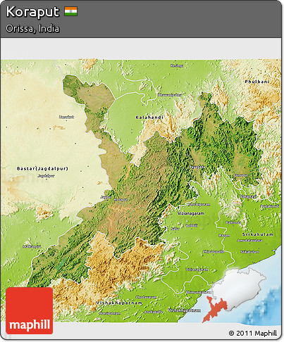 Satellite 3D Map of Koraput, physical outside