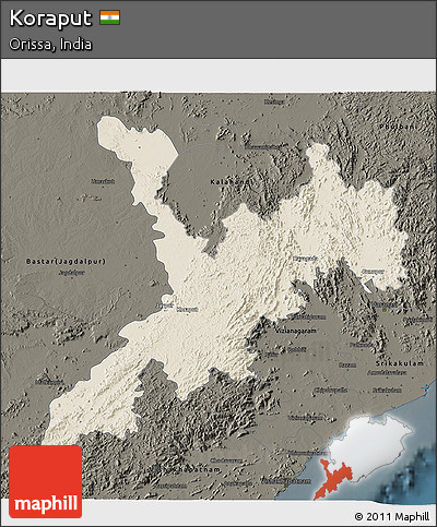 Shaded Relief 3D Map of Koraput, darken
