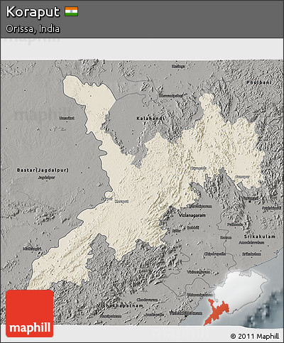 Shaded Relief 3D Map of Koraput, darken, semi-desaturated
