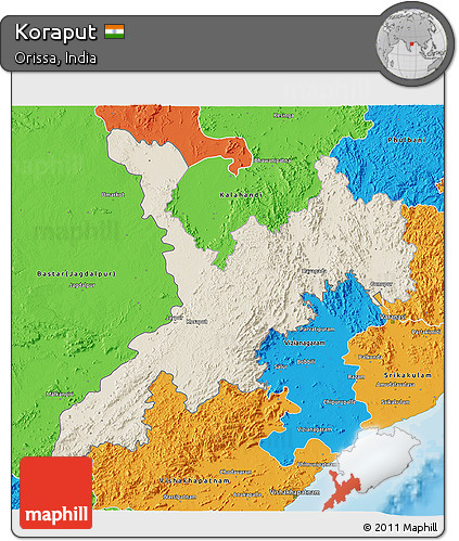 Shaded Relief 3D Map of Koraput, political outside