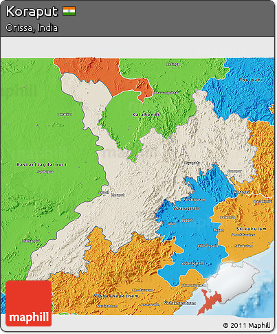 Shaded Relief 3D Map of Koraput, political outside
