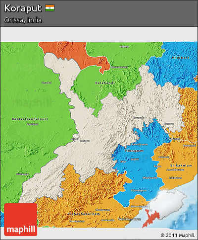 Shaded Relief 3D Map of Koraput, political outside