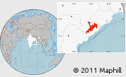 Gray Location Map of Koraput, highlighted country, hill shading