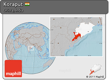 Gray Location Map of Koraput, highlighted parent region, hill shading
