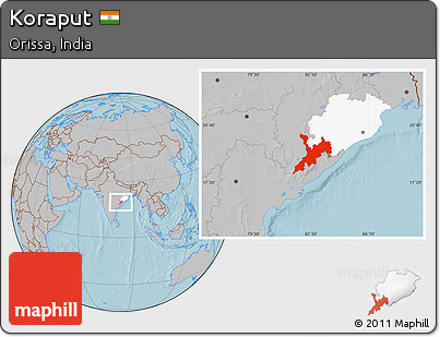 Gray Location Map of Koraput, highlighted parent region, hill shading