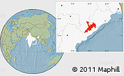 Savanna Style Location Map of Koraput, highlighted country, hill shading