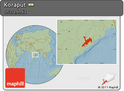 Savanna Style Location Map of Koraput, hill shading