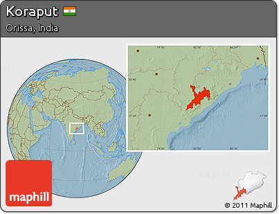 Savanna Style Location Map of Koraput, hill shading
