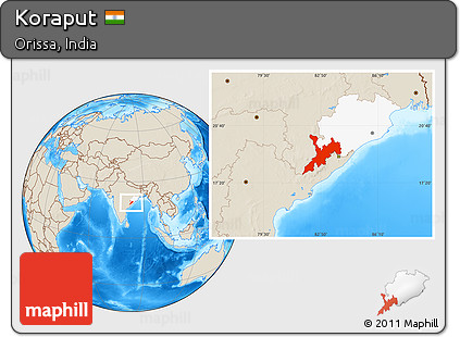 Shaded Relief Location Map of Koraput, highlighted parent region
