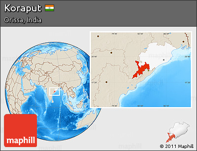 Shaded Relief Location Map of Koraput, highlighted parent region