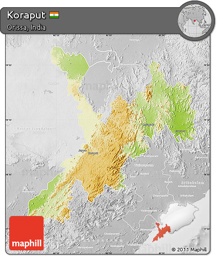 Physical Map of Koraput, lighten, desaturated