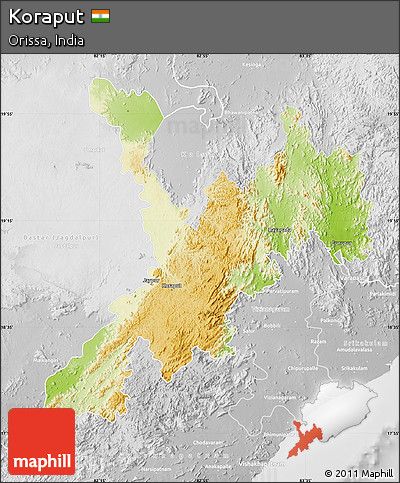 Physical Map of Koraput, lighten, desaturated