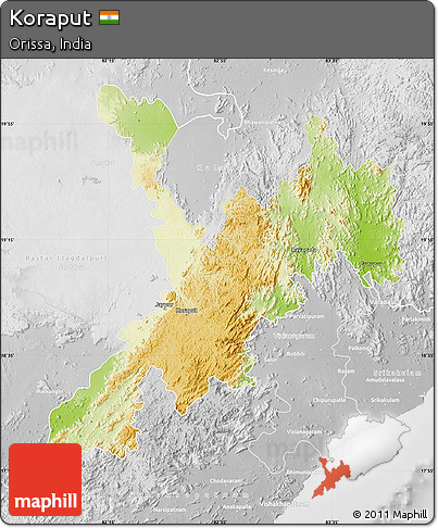 Physical Map of Koraput, lighten, desaturated