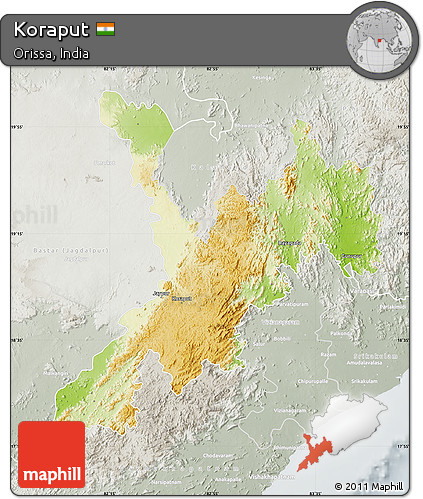 Physical Map of Koraput, lighten, semi-desaturated