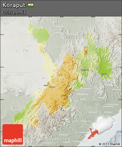 Physical Map of Koraput, lighten, semi-desaturated