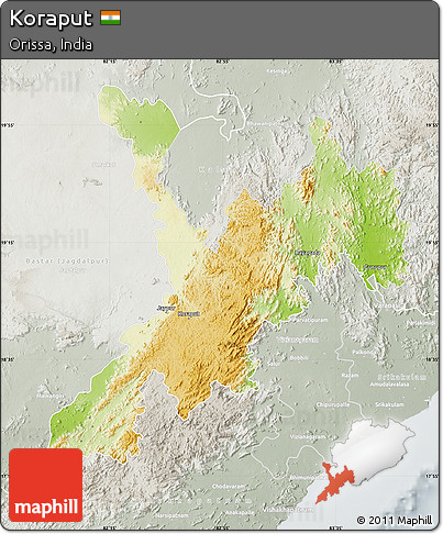 Physical Map of Koraput, lighten, semi-desaturated