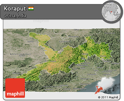 Satellite Panoramic Map of Koraput, semi-desaturated