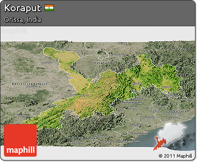 Satellite Panoramic Map of Koraput, semi-desaturated