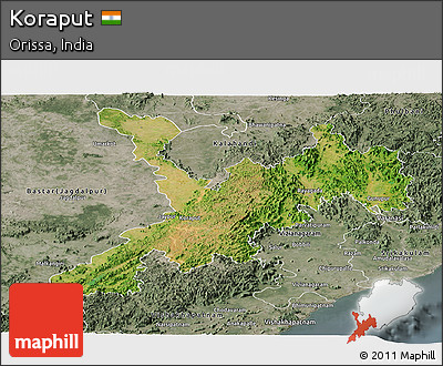 Satellite Panoramic Map of Koraput, semi-desaturated