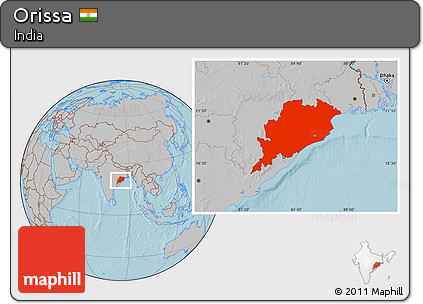 Gray Location Map of Orissa, hill shading