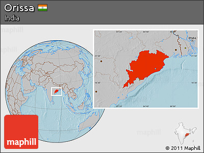 Gray Location Map of Orissa, hill shading