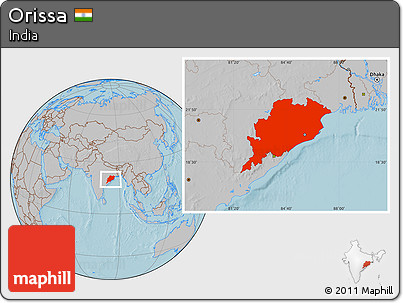 Gray Location Map of Orissa, hill shading
