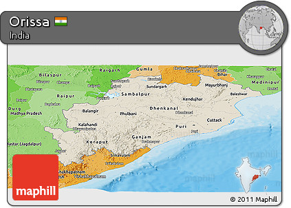 Shaded Relief Panoramic Map of Orissa, political shades outside