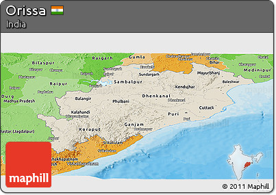 Shaded Relief Panoramic Map of Orissa, political shades outside
