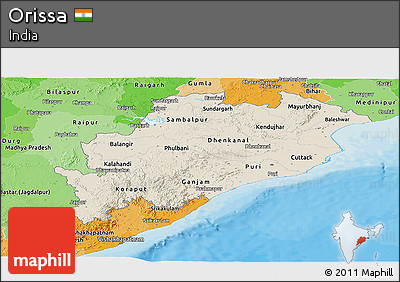 Shaded Relief Panoramic Map of Orissa, political shades outside