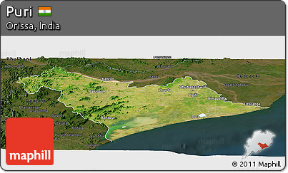 Satellite Panoramic Map of Puri, darken