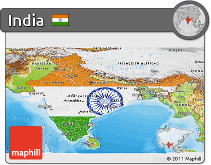 Flag Panoramic Map of India, physical outside, bathymetry sea