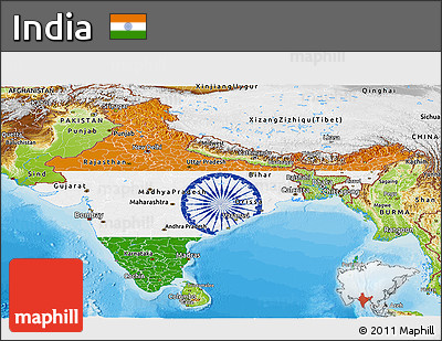 Flag Panoramic Map of India, physical outside, bathymetry sea