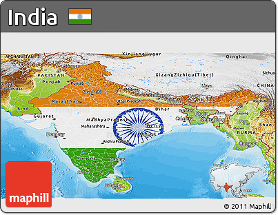 Flag Panoramic Map of India, physical outside, bathymetry sea
