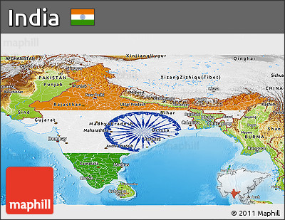 Flag Panoramic Map of India, physical outside, flag centered