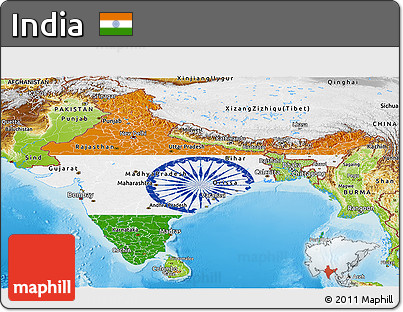 Flag Panoramic Map of India, physical outside, flag centered
