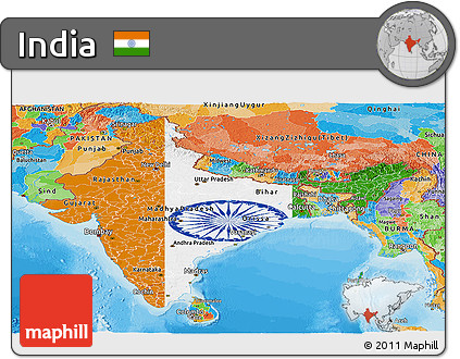 Flag Panoramic Map of India, political outside, flag rotated