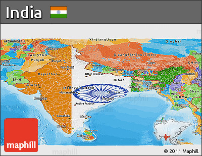 Flag Panoramic Map of India, political outside, flag rotated