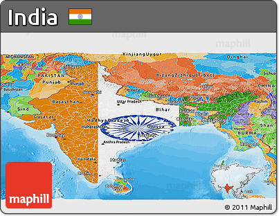 Flag Panoramic Map of India, political outside, flag rotated