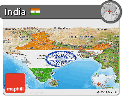 Flag Panoramic Map of India, satellite outside, bathymetry sea, flag centered