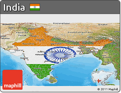 Flag Panoramic Map of India, satellite outside, bathymetry sea, flag centered