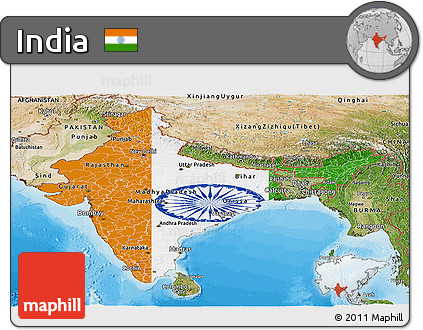 Flag Panoramic Map of India, satellite outside, bathymetry sea, flag rotated