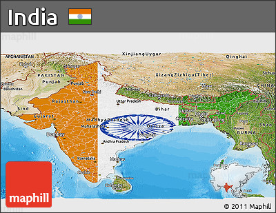Flag Panoramic Map of India, satellite outside, bathymetry sea, flag rotated