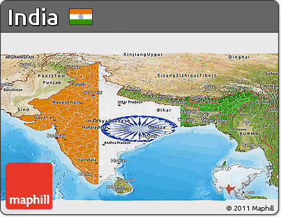 Flag Panoramic Map of India, satellite outside, bathymetry sea, flag rotated
